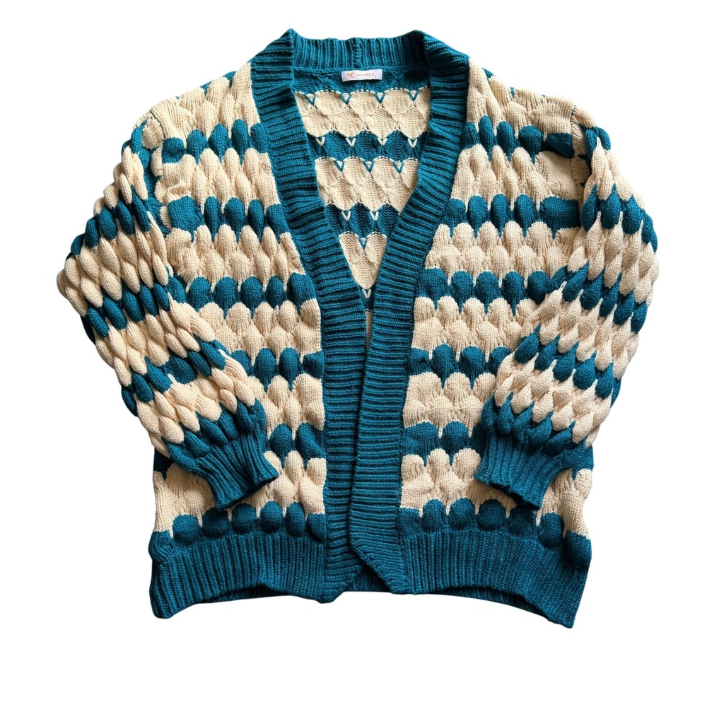 Kirundo Teal Cream Popcorn Knit Open Front Cardigan Sweater Small Fit Like Large